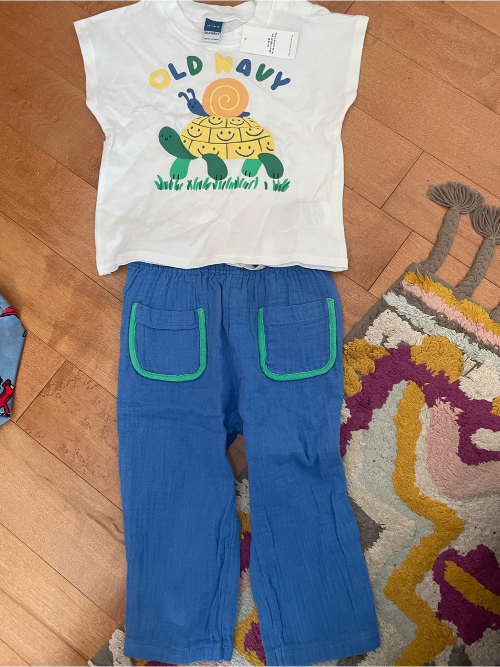 Old Navy White Turtle Graphic Tee with Blue Pants and Green Trim Pajama Set